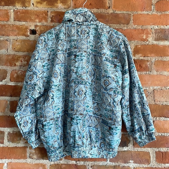 Vintage Oversized Boxy Windbreaker Jacket Tall Collar Blue Print Medium - Picture 5 of 7